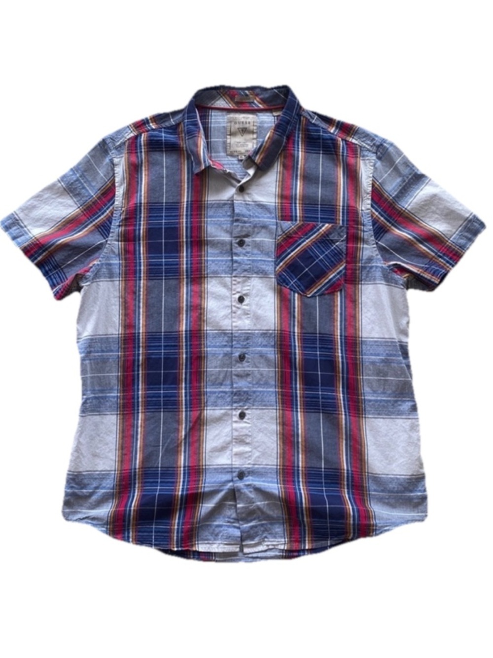 Men’s Guess Slim Fit Button Up Short Sleeve Shirt Blue and Red Plaid Size XL - Picture 1 of 8
